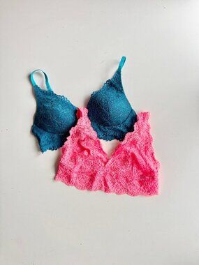 Lot of 2 LA SENZA Teal Neon Pink Stretch Lace Plunge Bralettes Bras, Size M
